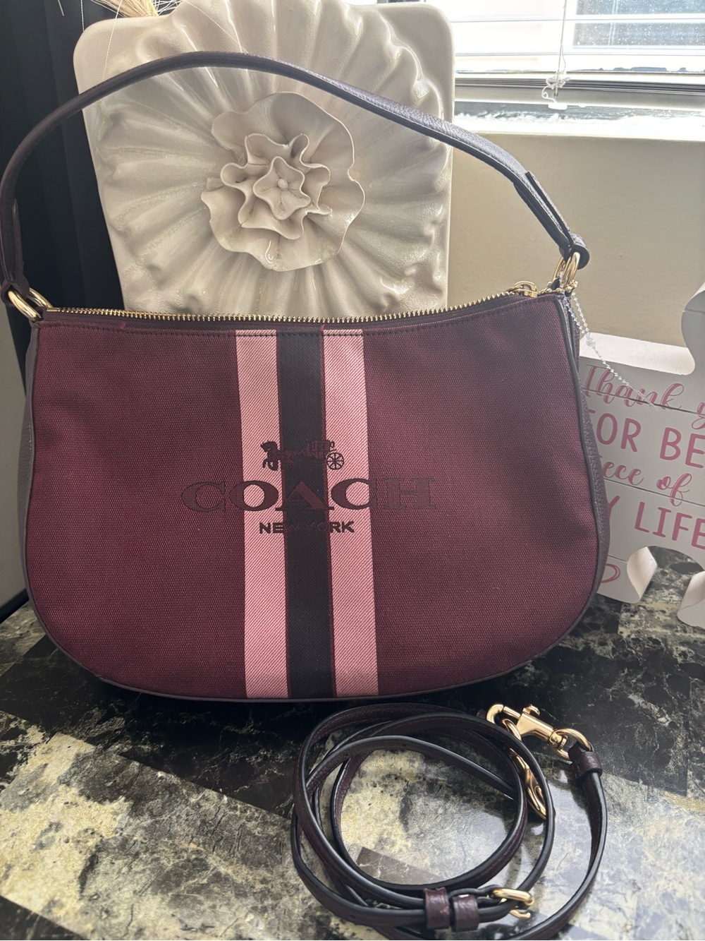 COACH Burgundy Shoulder Bag with Pink and Black Stripes